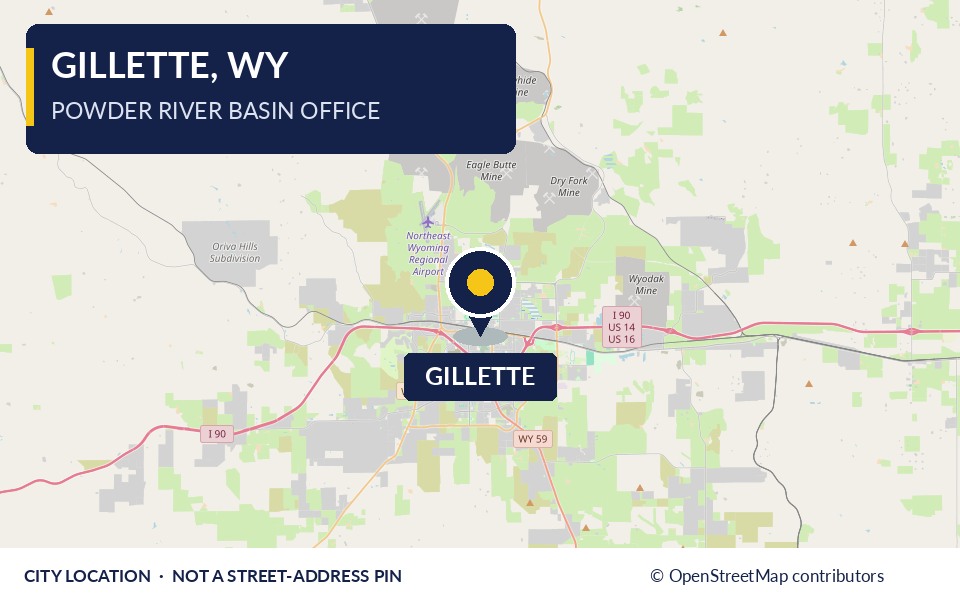 Regional map marking Gillette, Wyoming; city location, not an exact office address