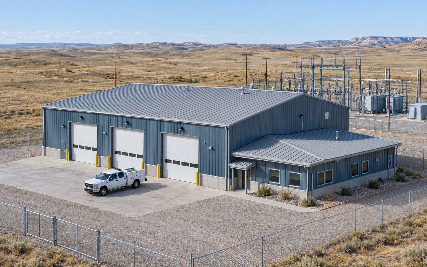 Illustrative energy operations building with a metal roof beside an electrical substation