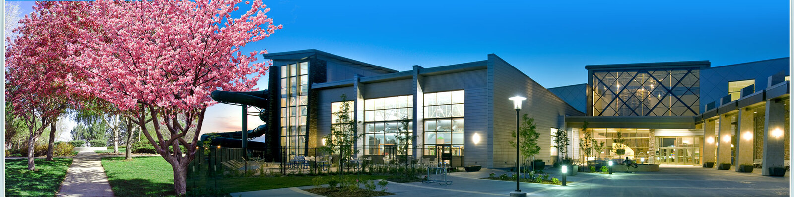Panoramic view of a modern glass-fronted building at dusk with flowering trees
