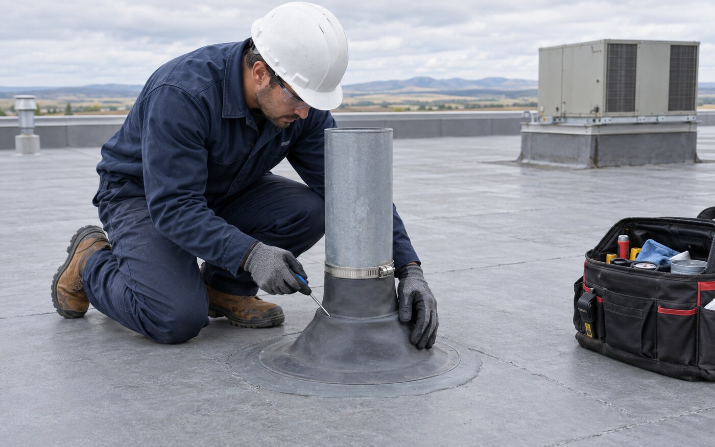 Illustrative roofing service technician inspecting flashing around a roof vent for leaks