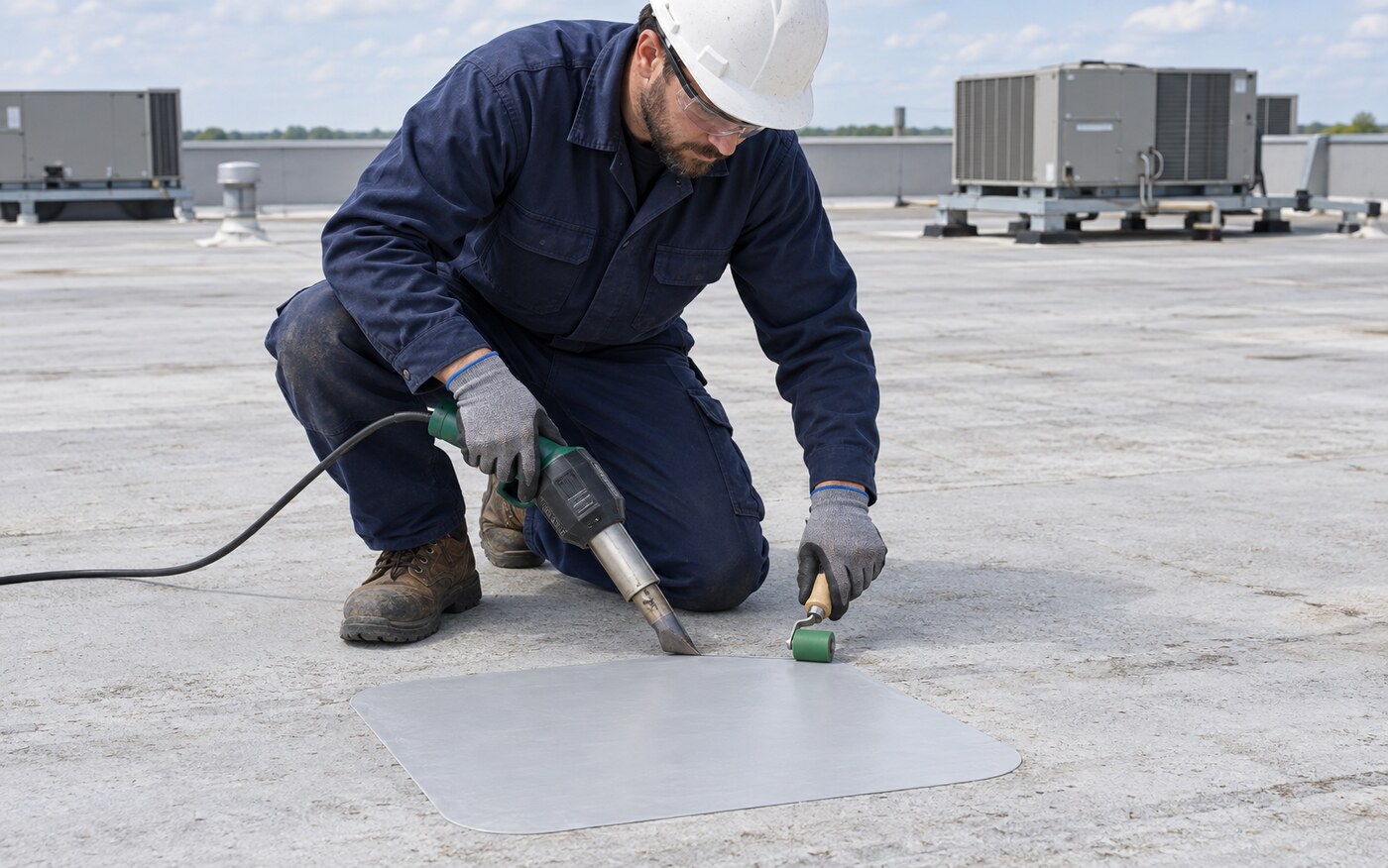 Illustrative roofer welding a membrane repair patch on a commercial roof