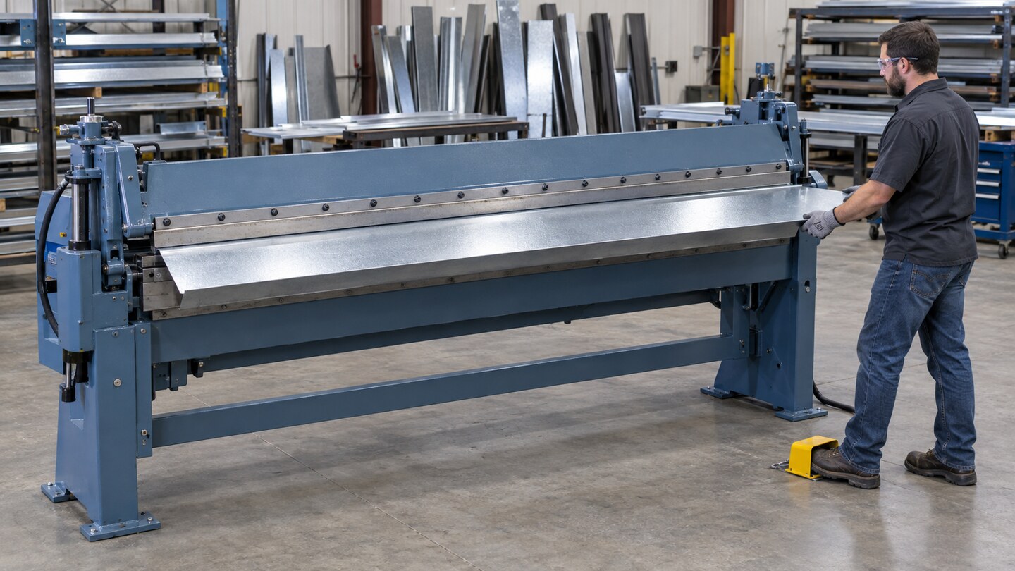 Illustrative sheet-metal fabricator bending roof flashing on a ten-foot hydraulic brake