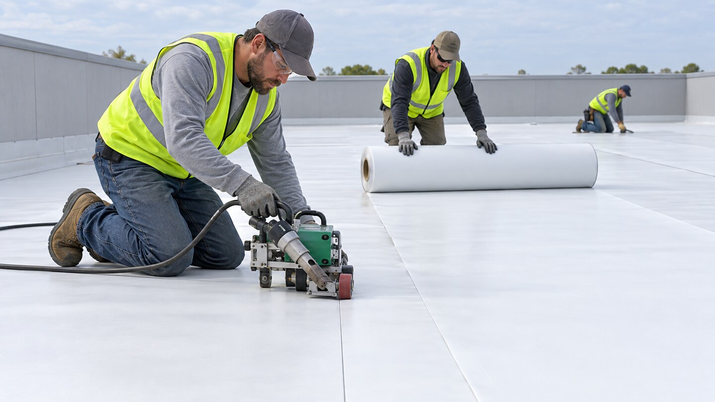 Illustrative crew installing white single-ply TPO roofing and welding a membrane seam