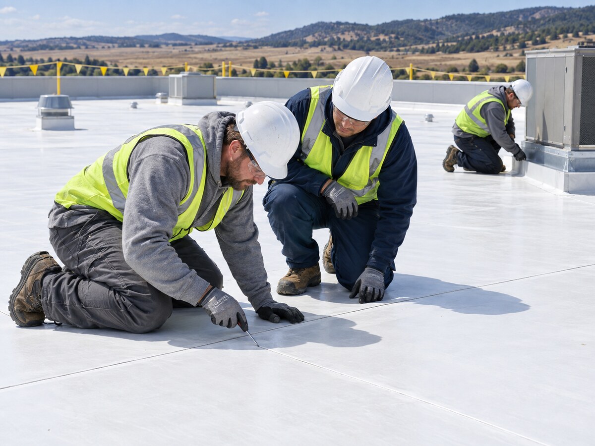 Illustrative commercial roofing crew inspecting single-ply membrane seams and rooftop flashing