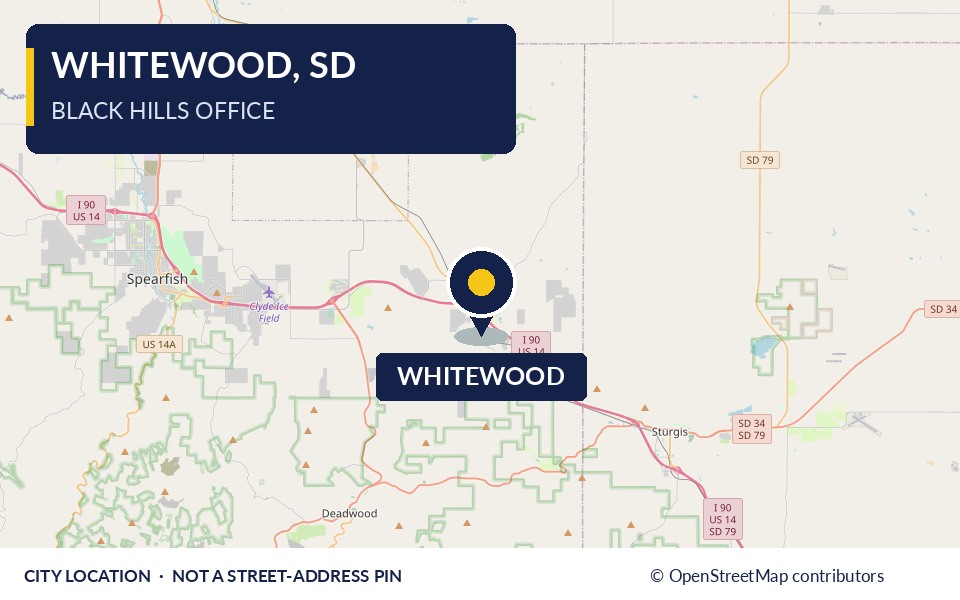 Regional map marking Whitewood, South Dakota; city location, not an exact office address
